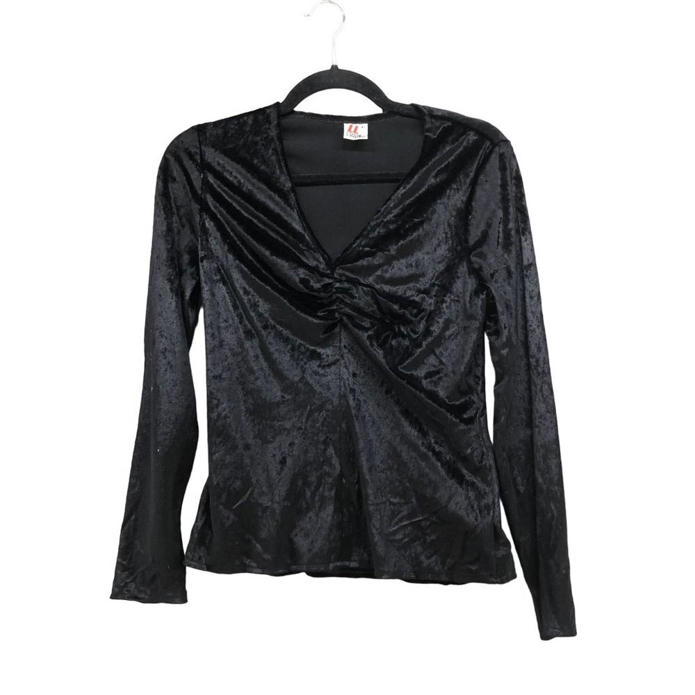 VTG Lucie Linden Long Sleeve Velvet T Shirt Womens S Black V-neck Ruched Chest‎